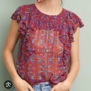 Meadow Rue by Anthropologie Majolika blouse with flutter sleeve a red and blue 4